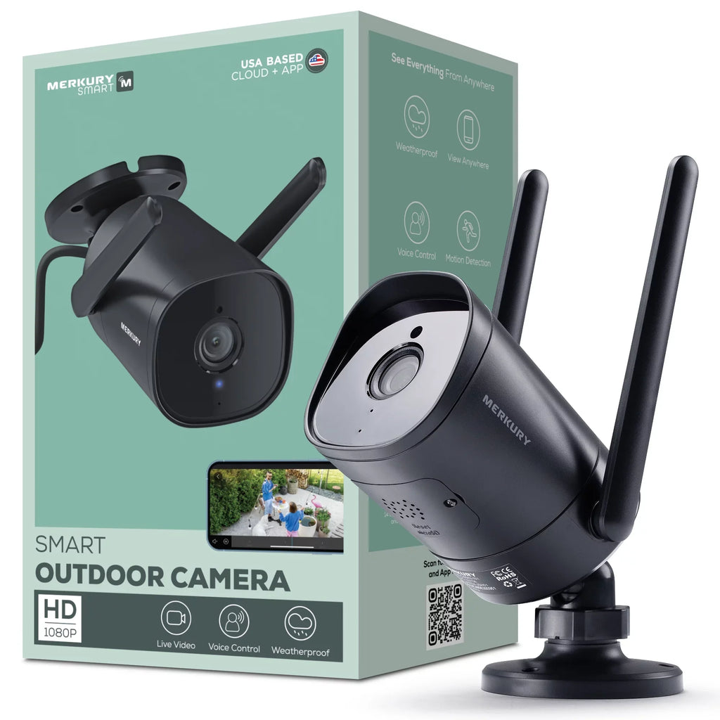 Merkury Smart 1080P Smart Outdoor Security Camera - Condition Night Vision, 2-Way Audio, Black, Wi-Fi