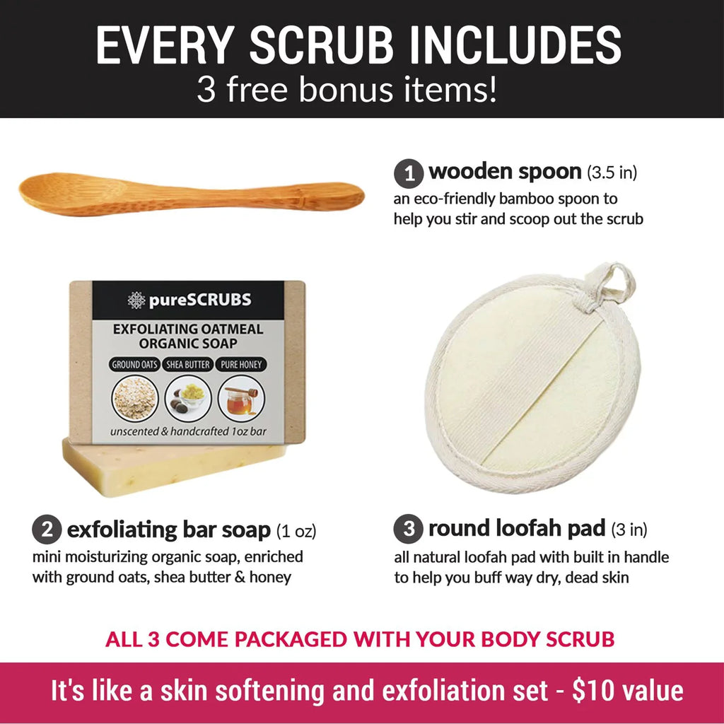 pureSCRUBS Premium Organic Body Scrub Set - Large 16oz EUCALYPTUS BODY SCRUB - Pure Dead Sea Salt Infused Organic Essential Oils & Nutrients + FREE Wooden Spoon, Loofah & Mini Exfoliating Bar Soap