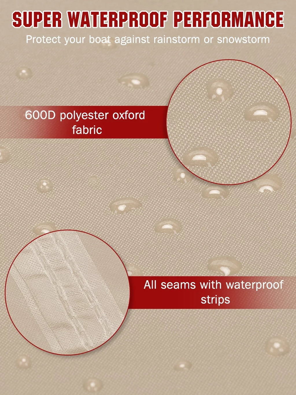 AngLink 17 - 19 ft Waterproof Vessel Wrap - 600D Heavy Duty Polyester Oxford Bass Runabout Craft Shield Resilient and Tear Proof, All Condition Protection Fits V-Hull, TRI-Hull, Pro-Style | Beige