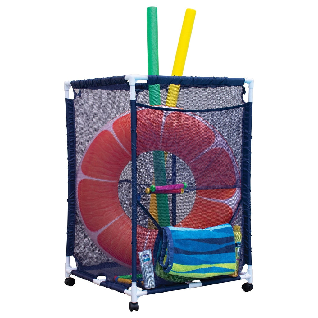 Pool Bins Pool Storage Organizer Mesh Rolling Pool Equipment Bin, Medium, (25.4" W X 25.4" L x 40" H) - Style PB-M200, Blue, PBFT-1513
