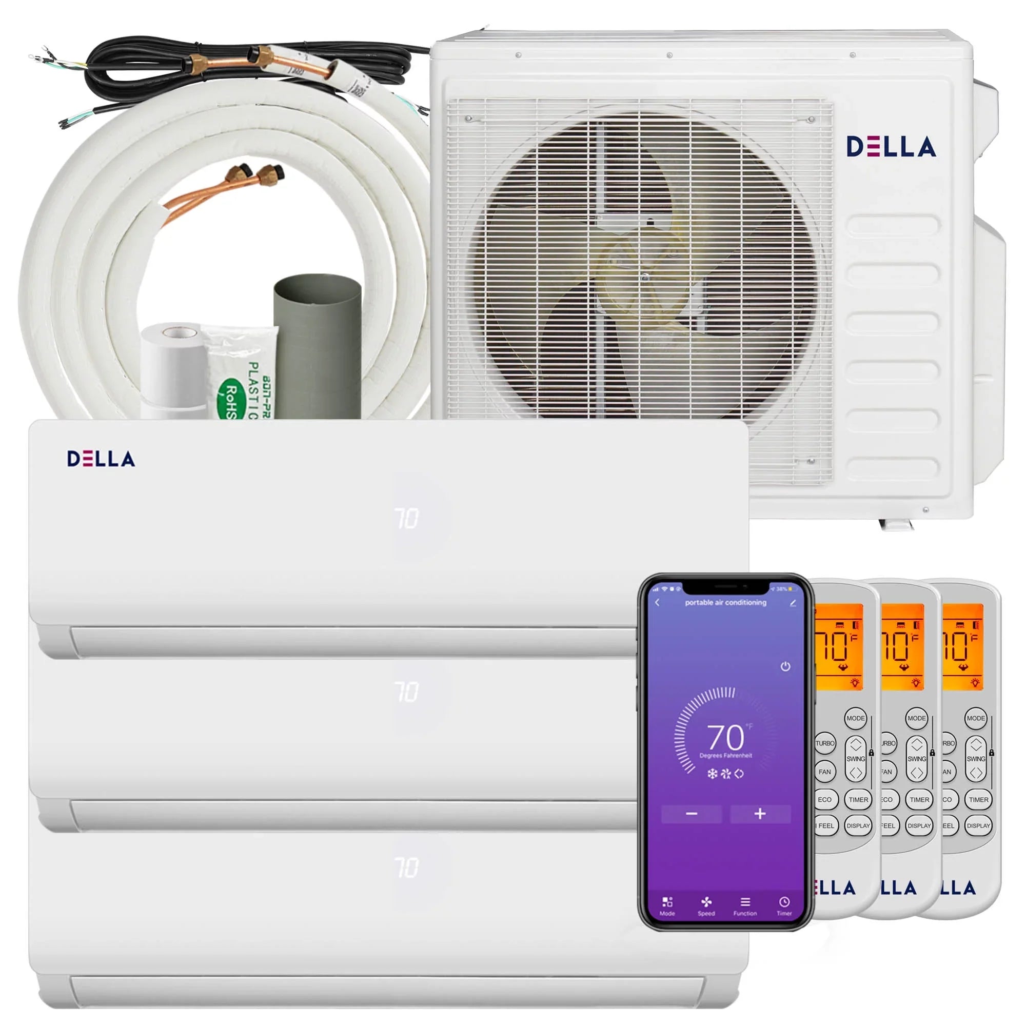 a 27K BTU ODU Tri 3 Zone 9K 9K 9K BTU 20 SEER 208/230V Cools Up to 1200 Sq.Ft Wifi Energy Efficient Multi Zone Ductless Mini Split Air Conditioner Heat Pump Full Set with 16ft Installation Kits