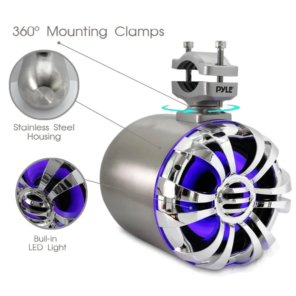 PYLE PLMRWB50L - Waterproof Rated Marine Tower Speakers - Wakeboard Subwoofer Speaker System with Built-in LED Lights, Stainless Steel, 5.25'' (200 Watt)