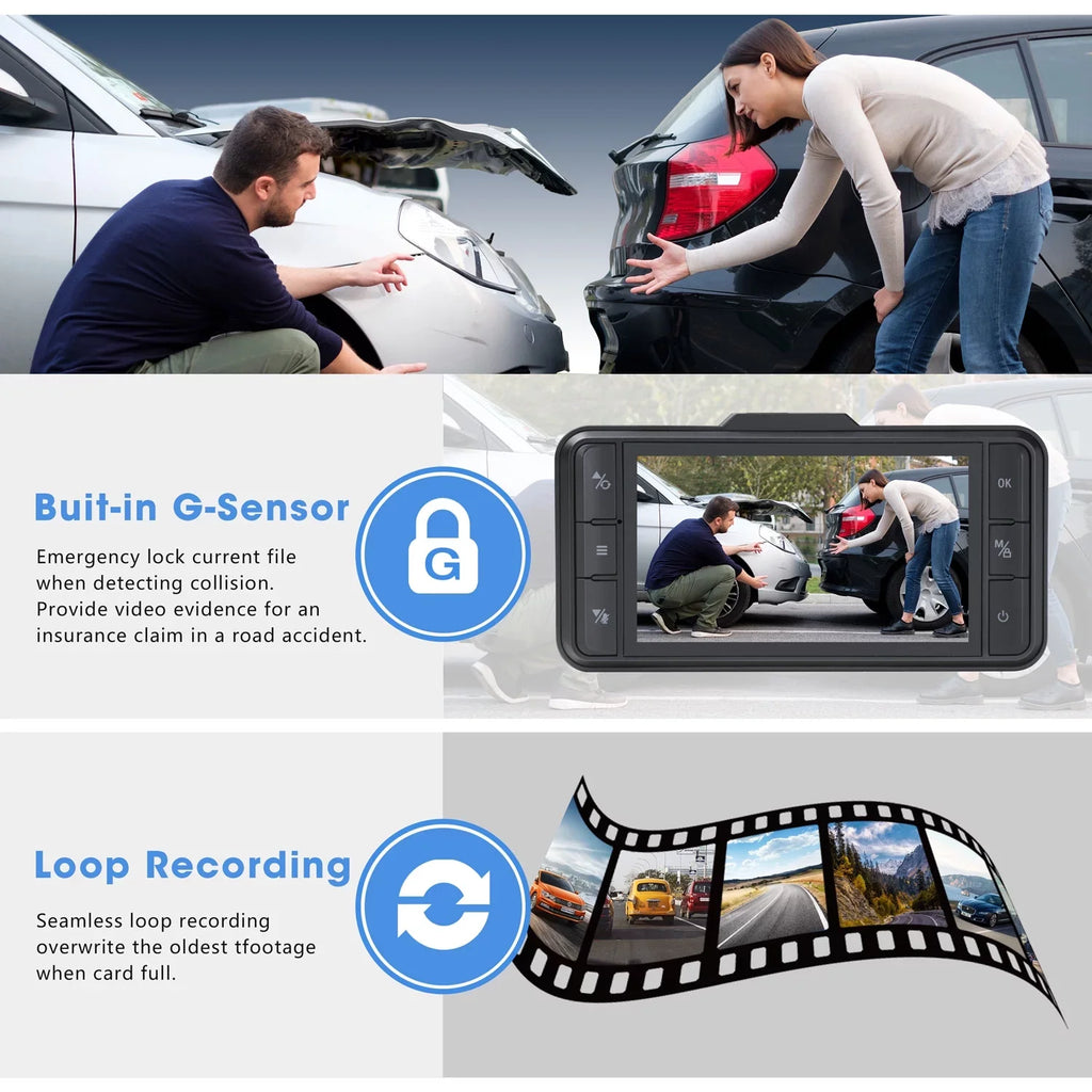 TOGUARD Dash Cam Dual 1080P FHD Front and Rear Dash Camera 3" IPS WDR GPS Car Camera Loop Recording G-Sensor Black