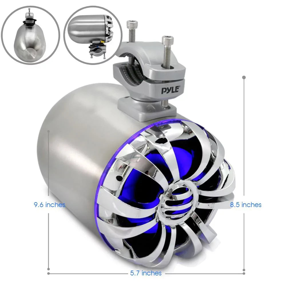 PYLE PLMRWB50L - Waterproof Rated Marine Tower Speakers - Wakeboard Subwoofer Speaker System with Built-in LED Lights, Stainless Steel, 5.25'' (200 Watt)