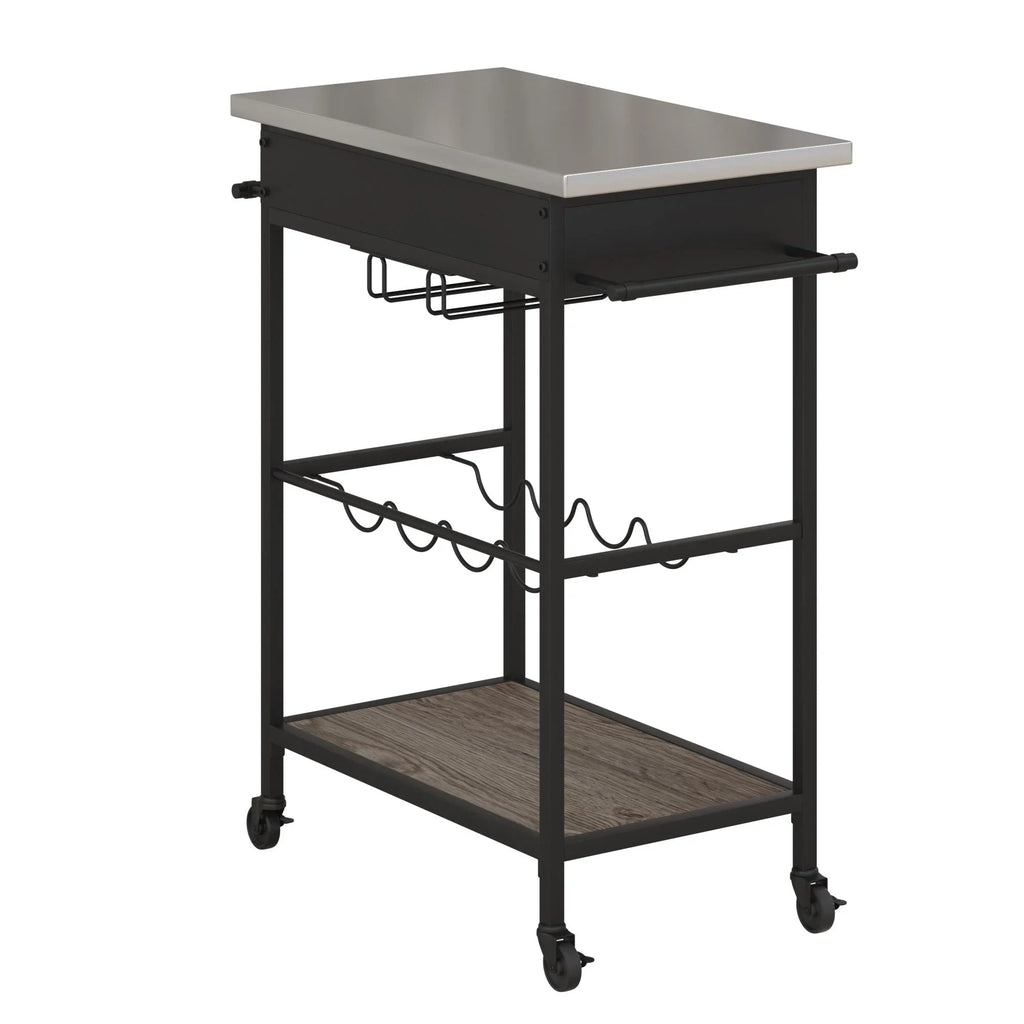 Novogratz Nora Multifunctional Kitchen Cart, Wine Rack and Pantry Storage, Stainless Steel and Black Metal, Brown
