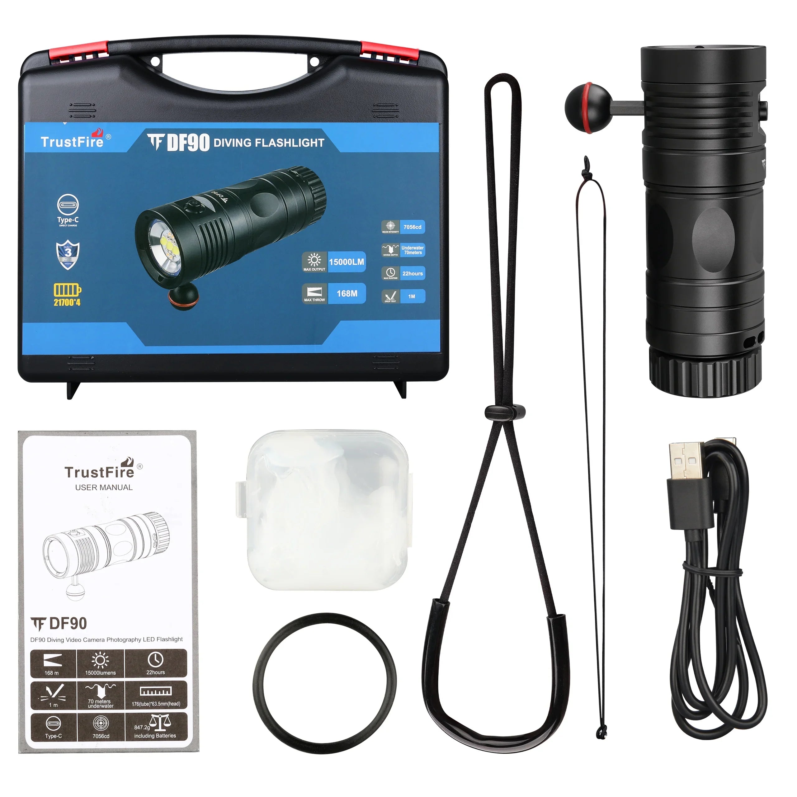 TrustFire DF90 Scuba Diving Light, 15000 Lumens Video Camera Photography Dive LED Flashlight, 70M Underwater Scuba Diving Flashlight, Super Bright, with Violet Red White Lights