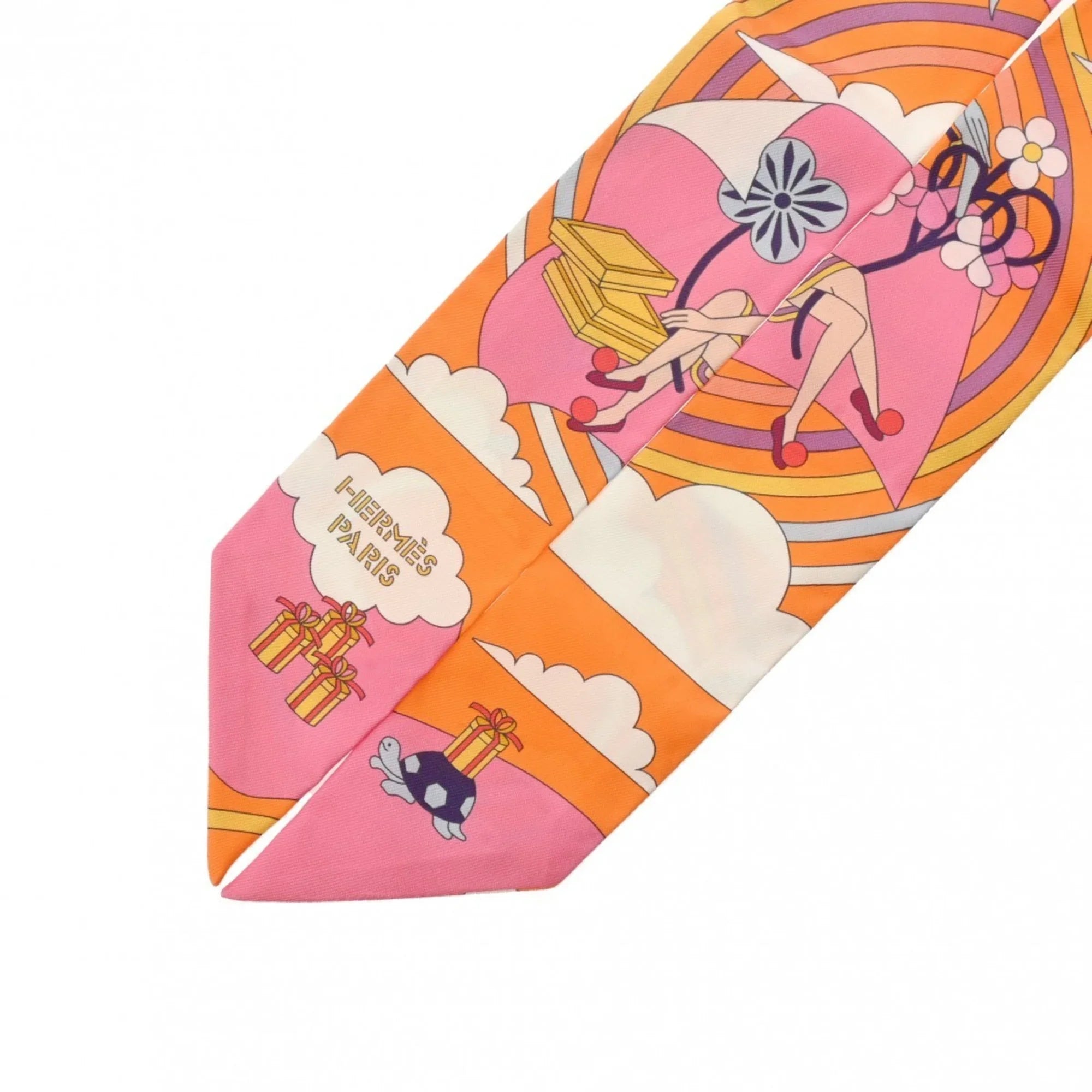 Pre-Owned HERMES Twilly Carres Volants Orange/Rose/Mauve - Women's 100% Silk Scarf Muffler (Like New)