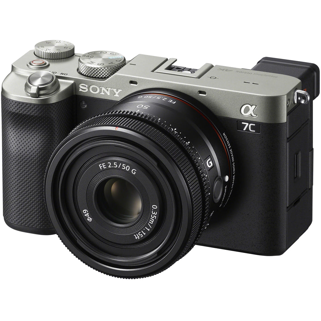 Sony a7C Mirrorless Full Frame Camera Body with Sony FE 50mm F2.5 G Compact Lens SEL50F25G Silver ILCE7C/S Bundle with Deco Gear Photography Backpack Case + Microphone + LED + Monopod and Accessories