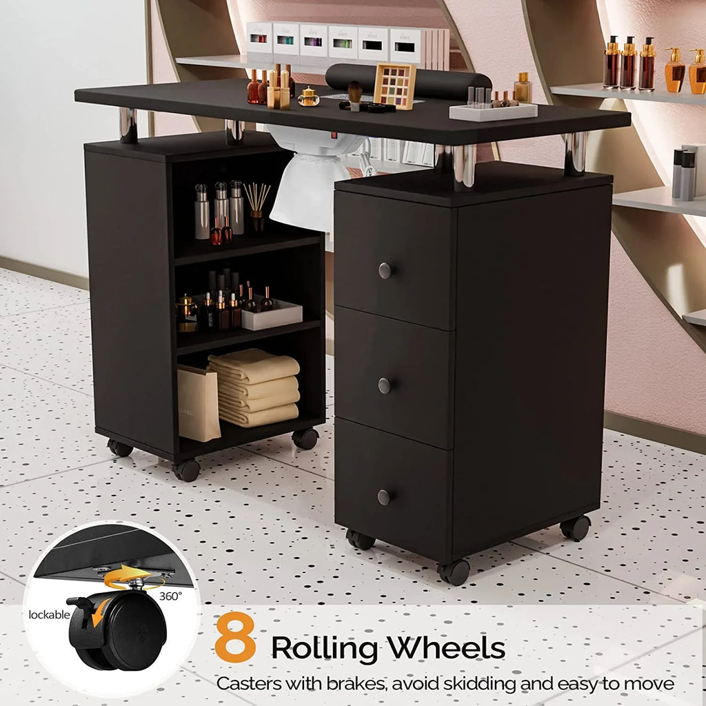 OmySalon Nail Desk Manicure Table for Nail Tech w/Electric Dust Collector, Portable Nail Table Station Beauty Salon Supplies Acetone Impervious w/Lockable Wheels,Wrist Cushion,3-Tier Shelves&Drawers