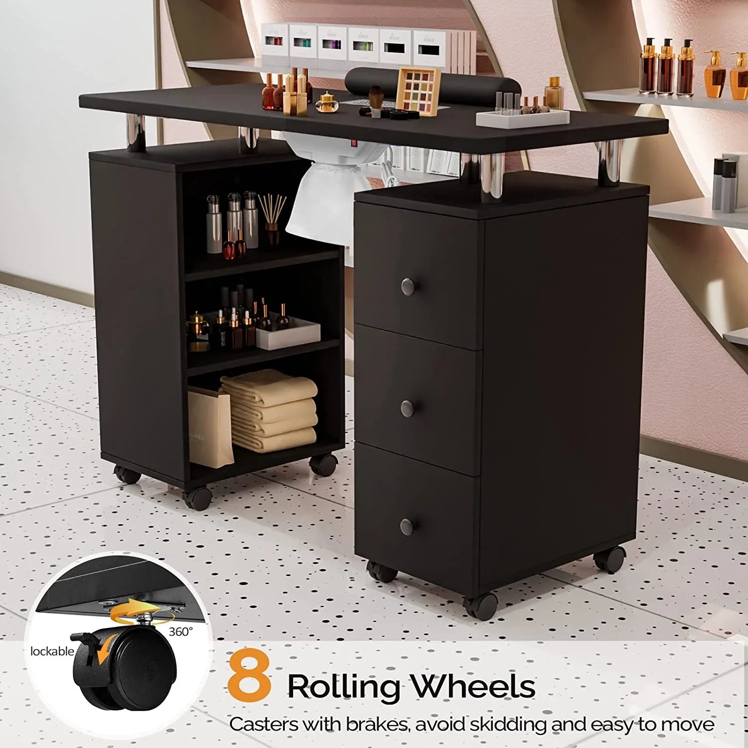 OmySalon Nail Desk Manicure Table for Nail Tech w/Electric Dust Collector, Portable Nail Table Station Beauty Salon Supplies Acetone Impervious w/Lockable Wheels,Wrist Cushion,3-Tier Shelves&Drawers