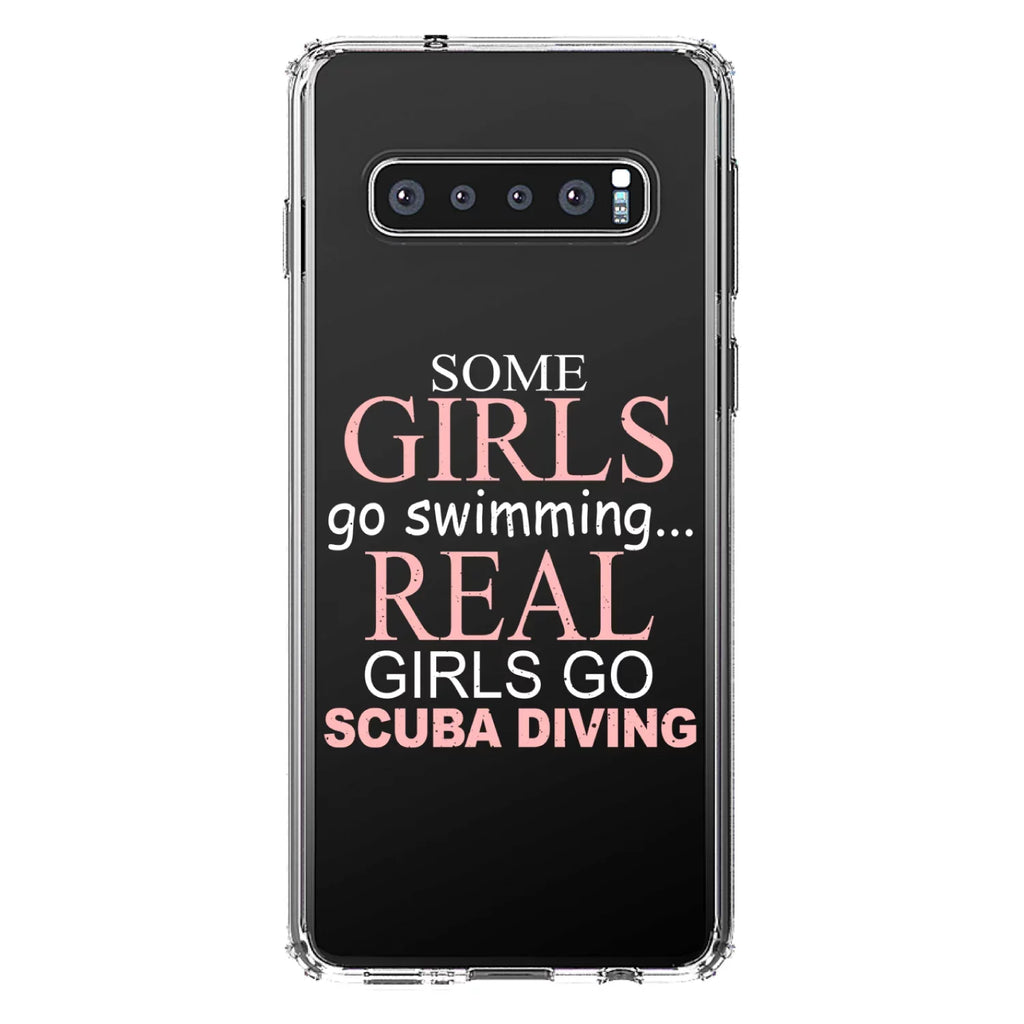 DistinctInk Clear Shockproof Hybrid Case for Samsung Galaxy S10+ PLUS (6.4" Screen) - TPU Bumper Acrylic Back Tempered Glass Screen Protector - Real Girls Go Scuba Diving