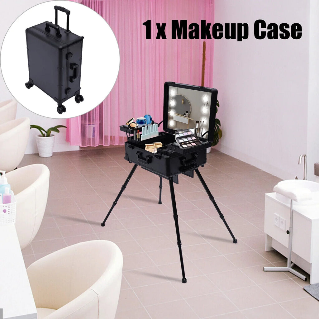 DENEST Rolling Makeup Case Trolley Train Box Organizer with Key Travel Cosmetic Luggage
