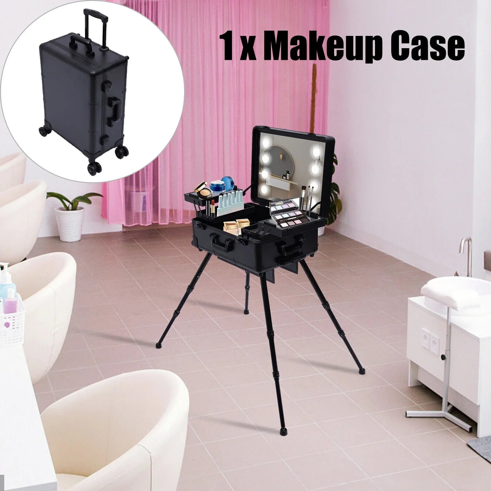 DENEST Rolling Makeup Case Trolley Train Box Organizer with Key Travel Cosmetic Luggage
