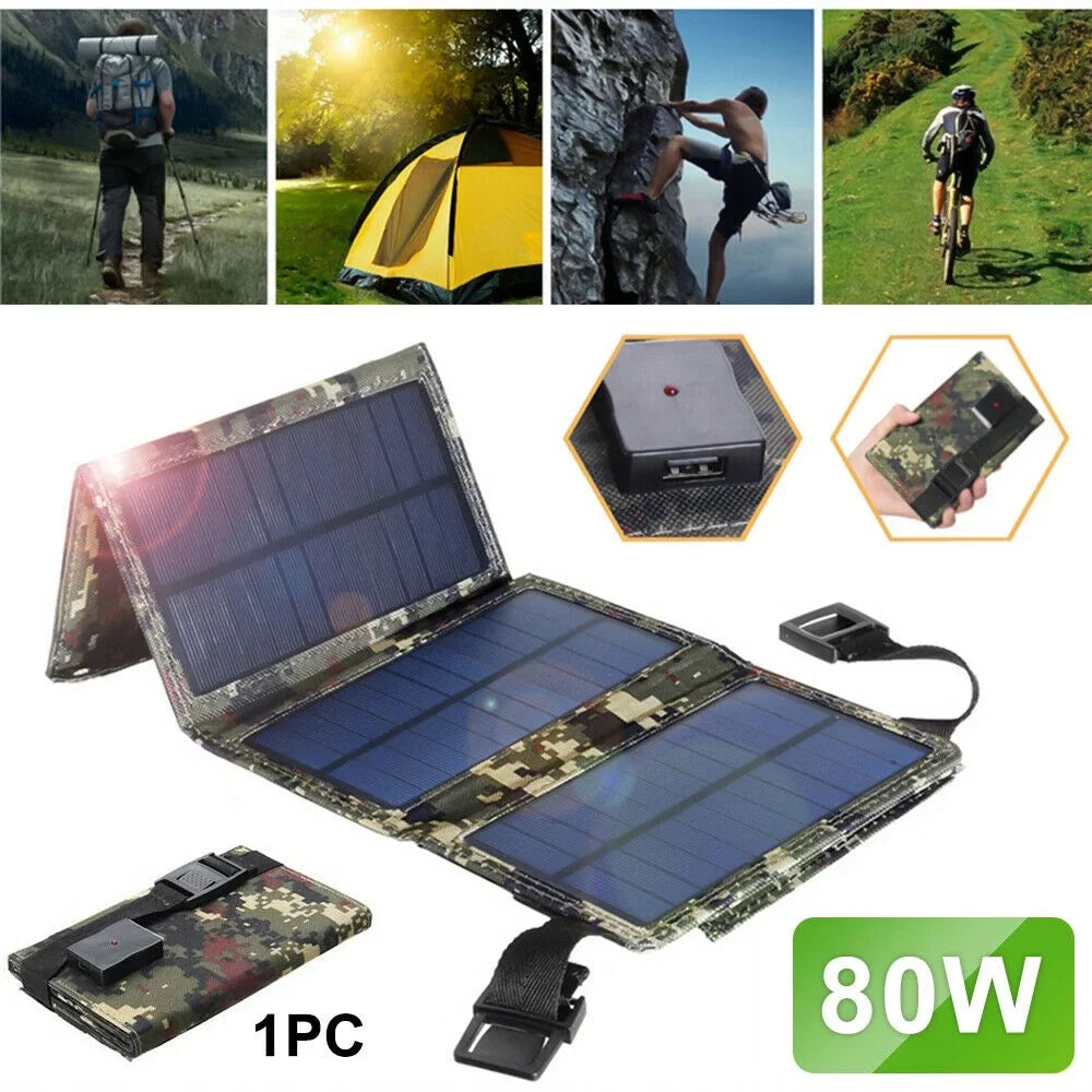 JLLOM Outdoor 80W USB Solar Panel Folding Power Bank Camping Hiking Phone Charger
