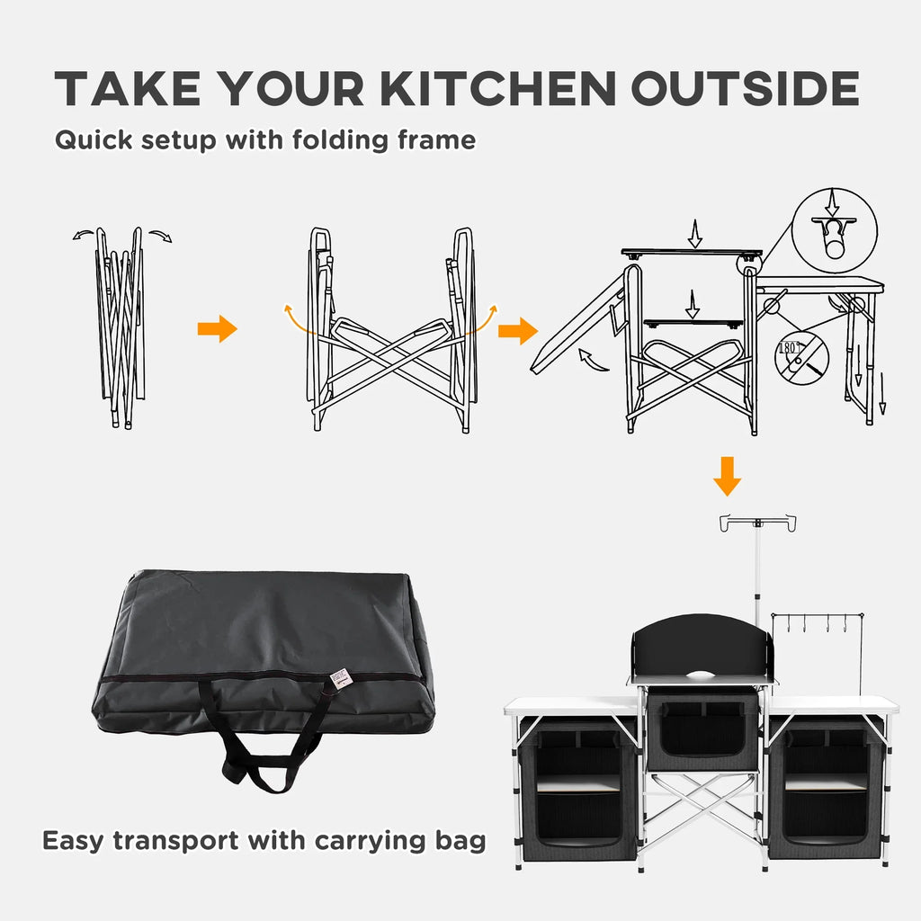 Outsunny Folding Camping Kitchen with Windshield Fabric Cupboards Black