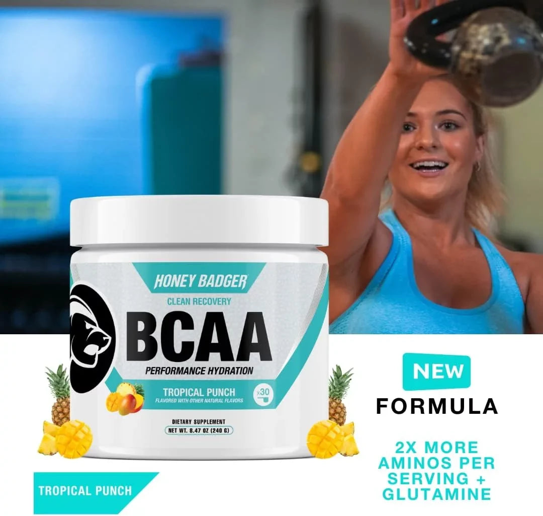 Honey Badger BCAA Amino Acids Electrolytes Powder, Keto, Vegan, Sugar Free BCAAs + EAA with L-Glutamine For Men & Women, Hydration & Post Workout Muscle Protection Drink Mix, Tropical Punch, 30 Servings