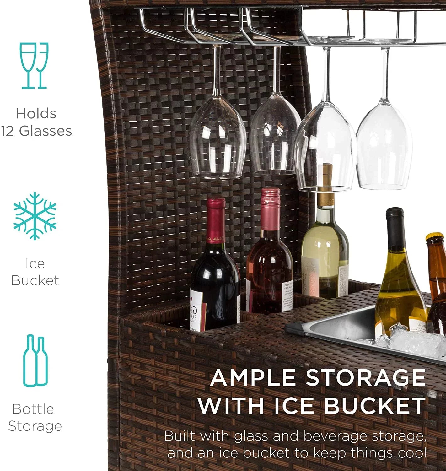 Outdoor Rolling Wicker Bar Cart w/Removable Ice Bucket, Glass Countertop, Wine Glass Holders, Storage Compartments - Brown