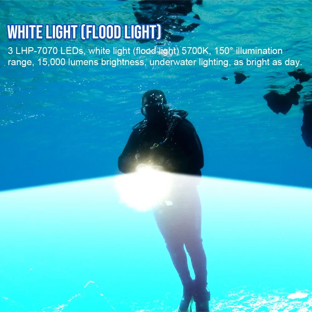 TrustFire DF90 Scuba Diving Light, 15000 Lumens Video Camera Photography Dive LED Flashlight, 70M Underwater Scuba Diving Flashlight, Super Bright, with Violet Red White Lights