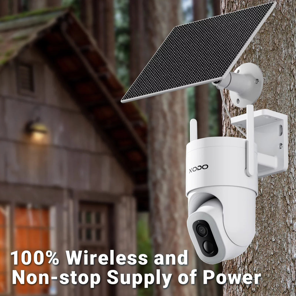 XODO E15 Solar Outdoor Wireless Camera for Home Security System, 2K 3MP Floodlight Pan-Tilt 360° View Cam with Color Night Vision, 2-Way Audio, Motion Detection, Siren, App Remote – Cloud/SD