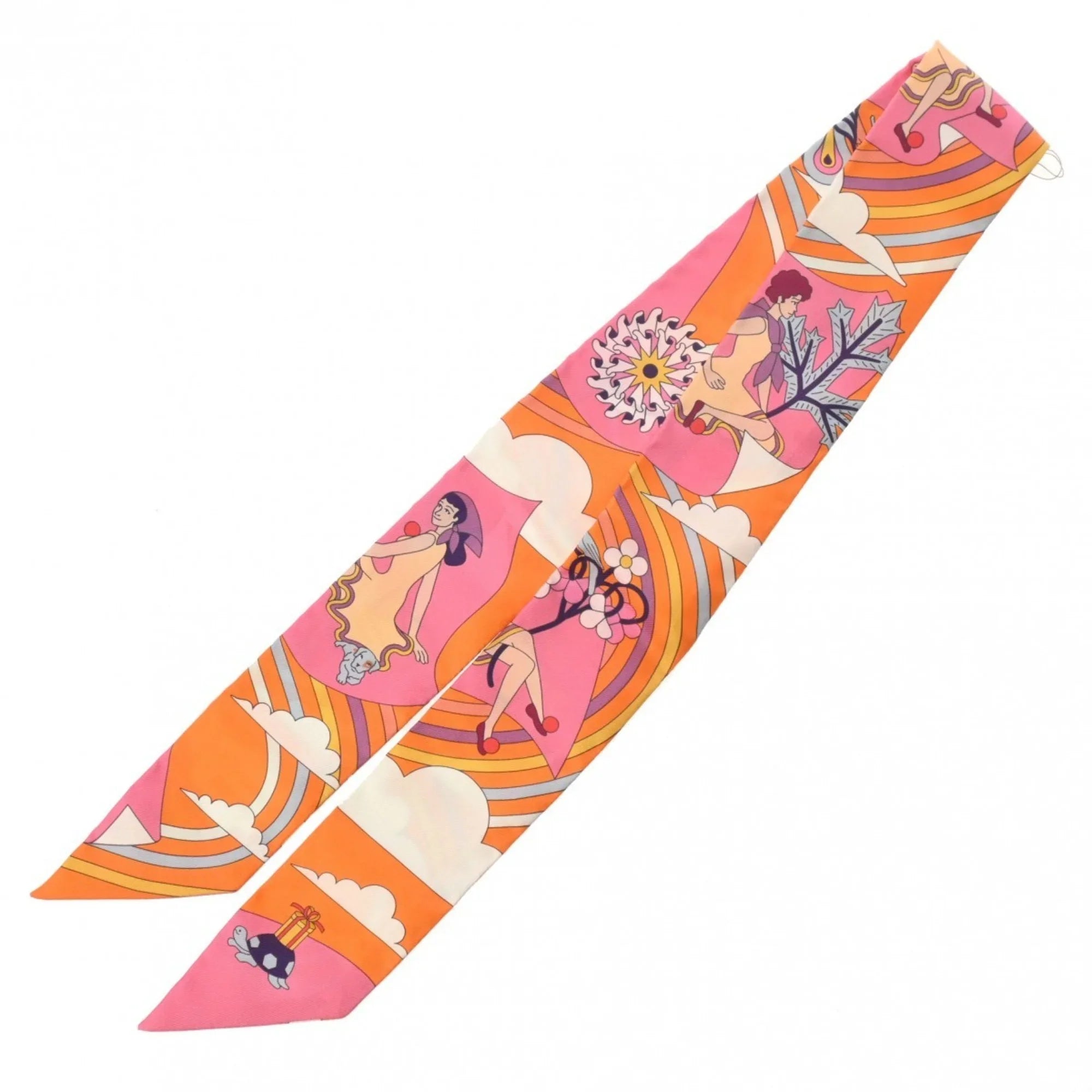 Pre-Owned HERMES Twilly Carres Volants Orange/Rose/Mauve - Women's 100% Silk Scarf Muffler (Like New)
