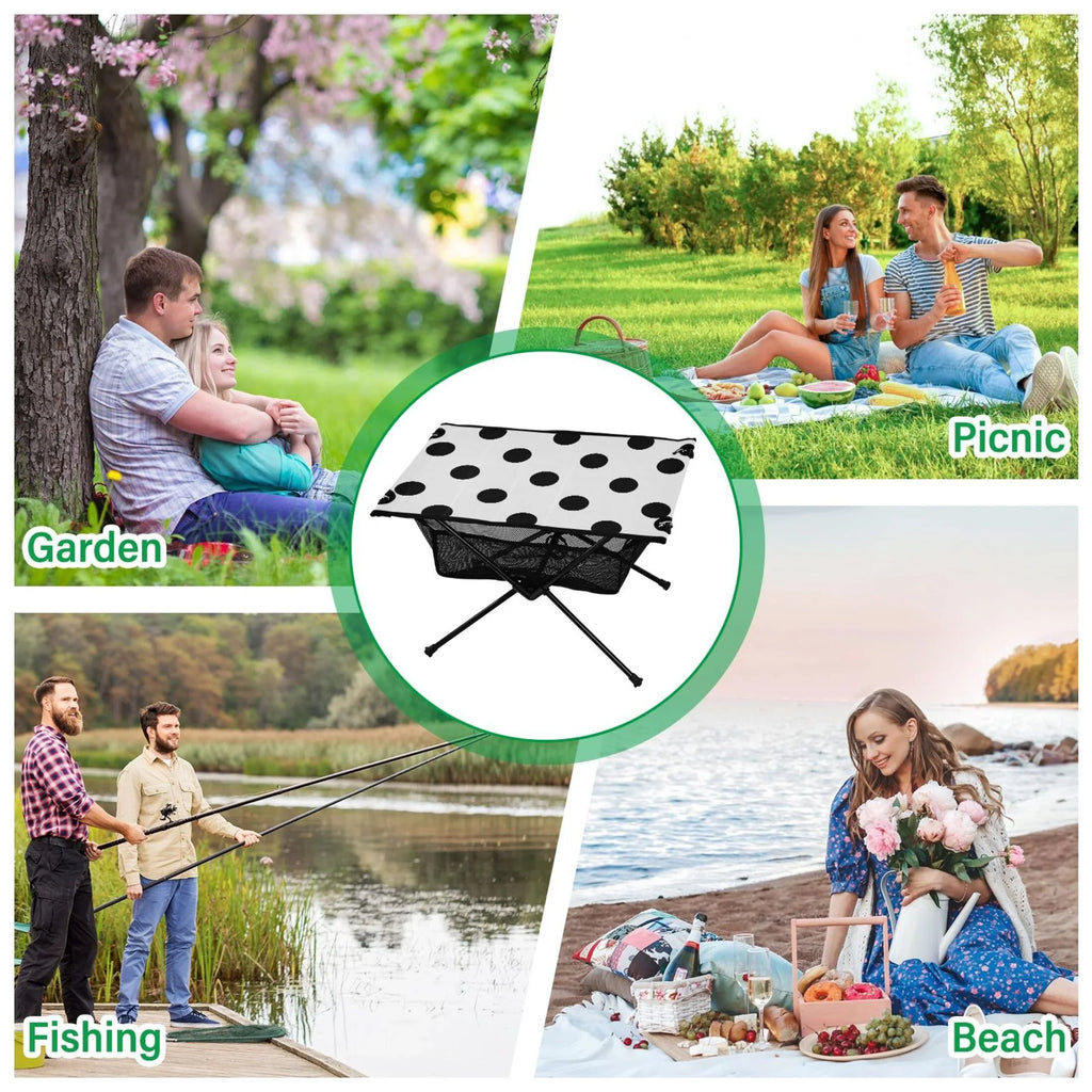 Black Polka Dots Camping Foldable Portable Table Beach Table with Storage Bag Compact Picnic Table for Outdoor Hiking Fishing BBQ