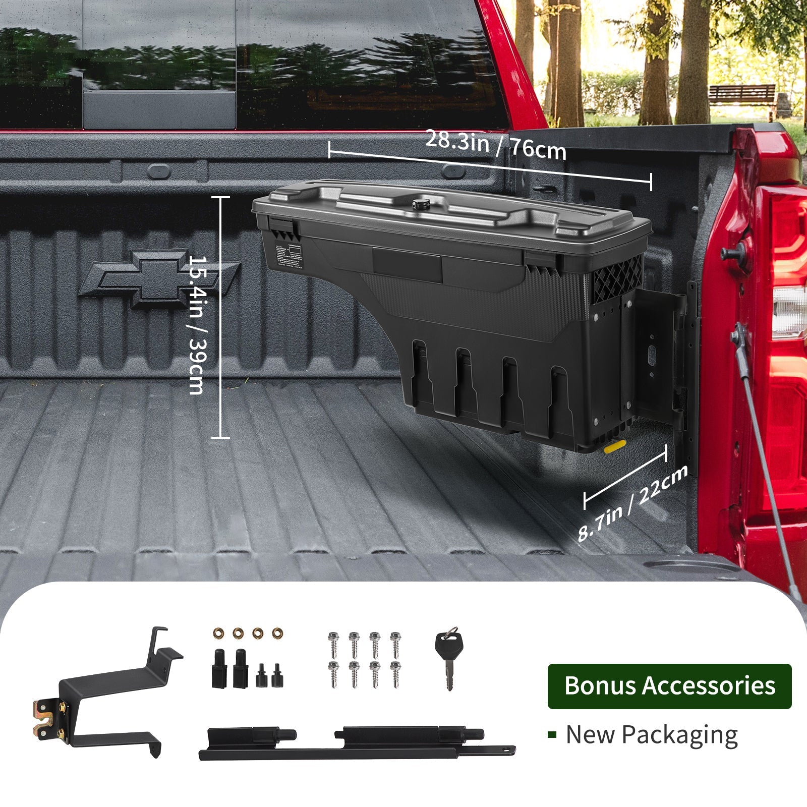 SKYSHALO Truck Bed Storage Box, Lockable Lid, 6.6 Gal/20 L Waterproof ABS Wheel Well Tool Box, Fitting with Chevrolet Silverado 1500 GMC Sierra 1500 2019-2021, Black, Passenger Side