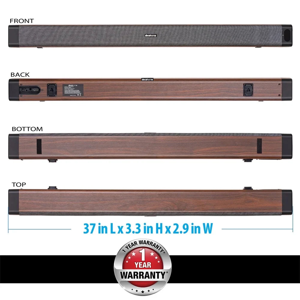 Deco Gear SB200WOD 60W 2.0 Channel Soundbar with Built-in Dual Subwoofers and Four 2.5" Drivers Bundle with 1 Year Extended Warranty
