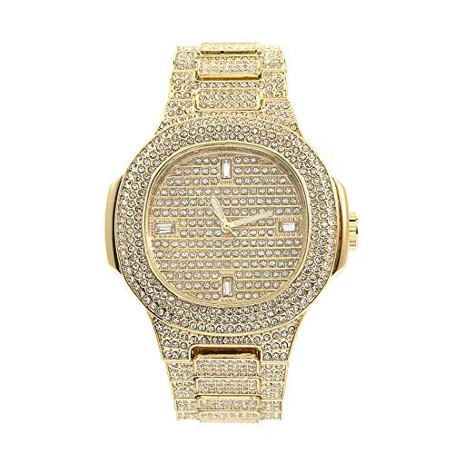 CHARLES RAYMOND Bling Bling Hip Hop Iced Out Watches Nauti Designer Look Full Shiny Diamond Watch Case, Dial and Bracelet ST10266 Mens Gold