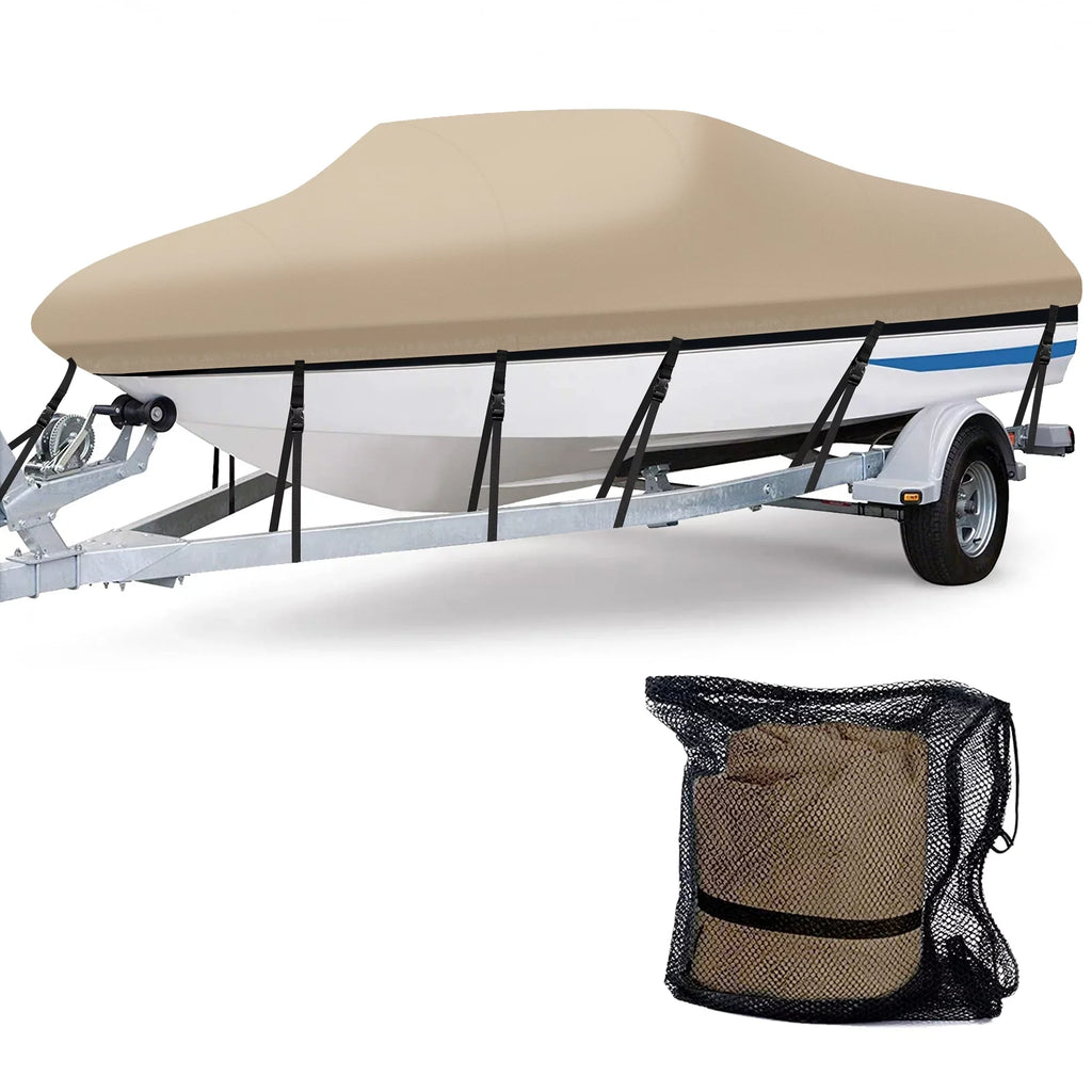 AngLink 17 - 19 ft Waterproof Vessel Wrap - 600D Heavy Duty Polyester Oxford Bass Runabout Craft Shield Resilient and Tear Proof, All Condition Protection Fits V-Hull, TRI-Hull, Pro-Style | Beige