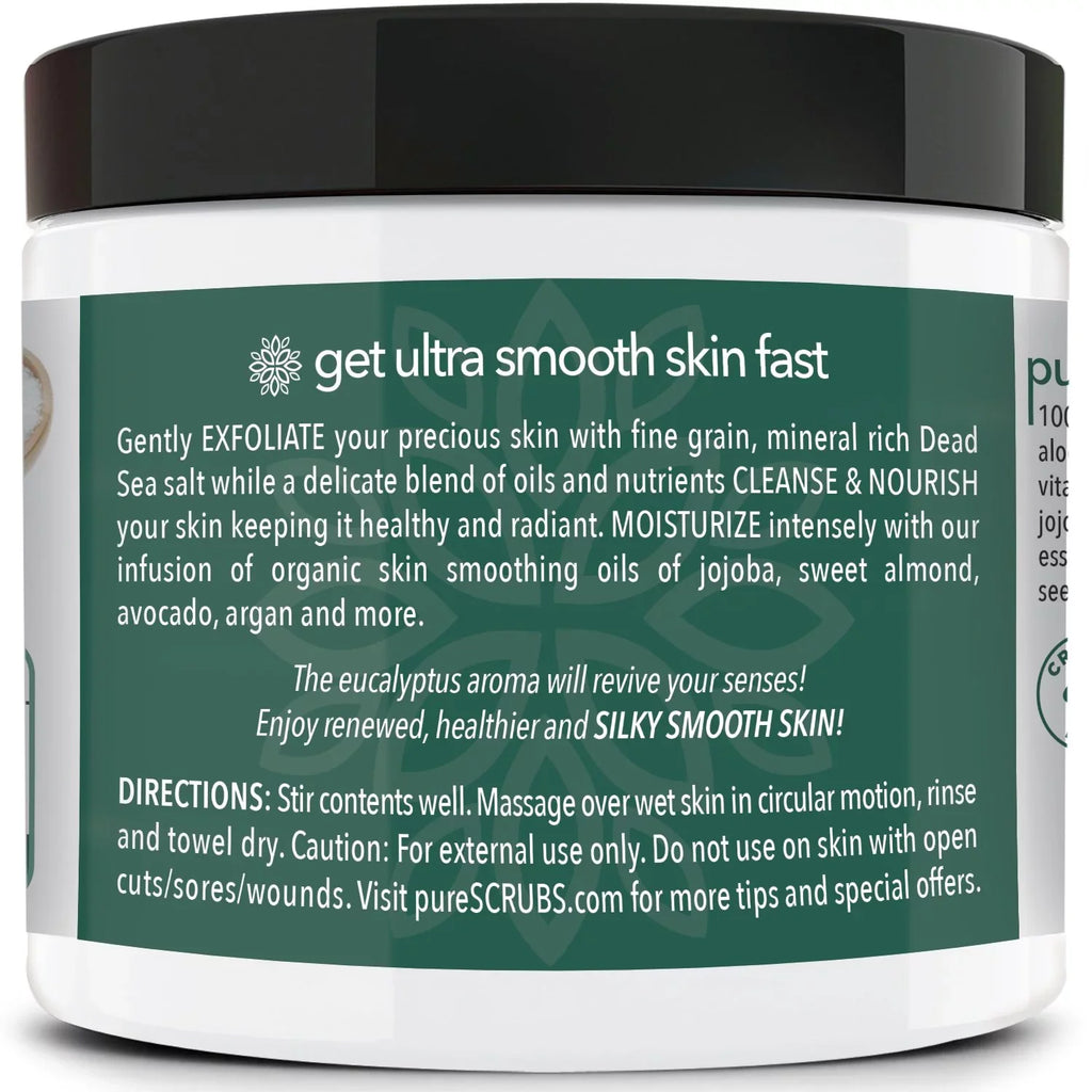 pureSCRUBS Premium Organic Body Scrub Set - Large 16oz EUCALYPTUS BODY SCRUB - Pure Dead Sea Salt Infused Organic Essential Oils & Nutrients + FREE Wooden Spoon, Loofah & Mini Exfoliating Bar Soap