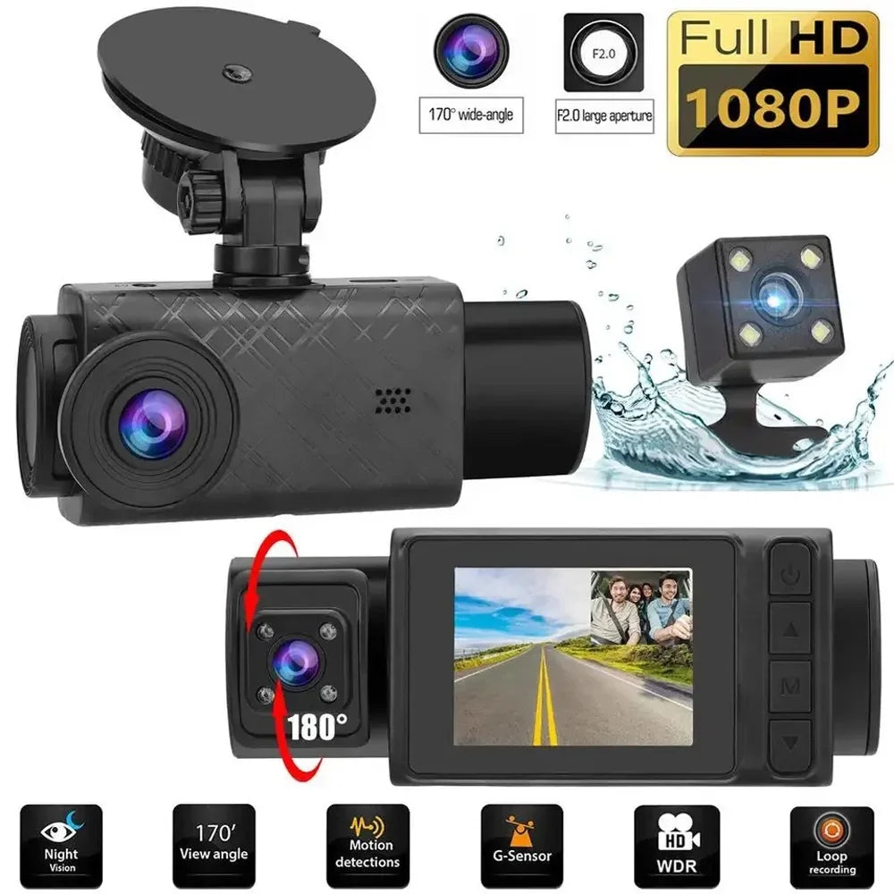 Shinysix 3 Cameras Dash Cam 2in Clear Car Rearview Mirror Car Video Recording Camcorder Multi-Language Car Camera Recorder Auto Safety Driving Recorder