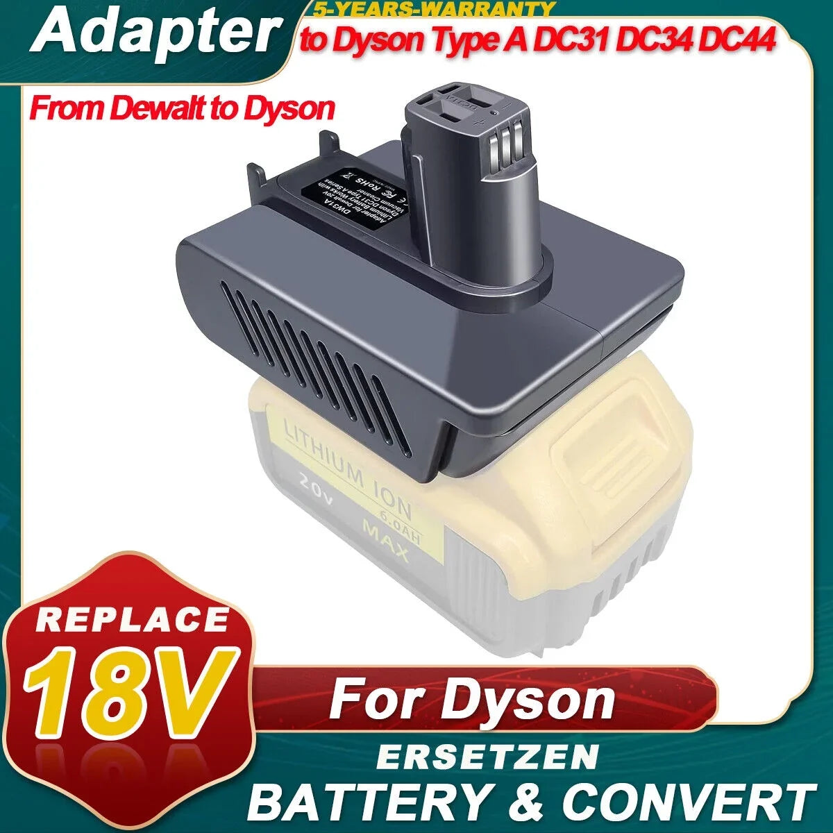 Adapter for Dewalt 20V Battery DCB205 DCB200 DCB180 DCD985B DCD771C2 Convert to For Dyson DC31 DC34 DC35 DC44(Type A) Animal Vacuum Cleaner tools