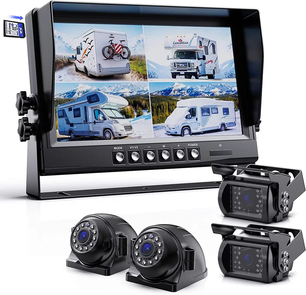 eRapta Backup Camera 9 inch for RV Semi Box Truck Trailer Rear and Side View Quad 1080P HD Camera 4 Split Screens Record Function IP69 Waterproof Night Vision