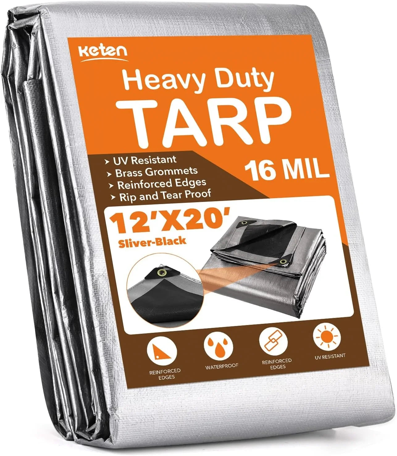 Tarps Heavy Duty Waterproof 12? X 20?, Extra Thick 16 Mil, Tear & Fade Strong 100% UV Blocking, Outdoor Tarp with Reinforced Grommets for Roof, Camping, Patio, Pool, Watercraft
