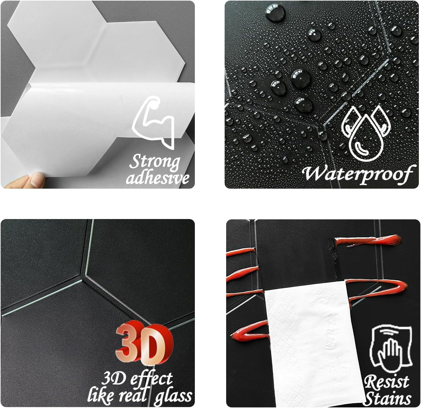 Real 3D Matte Black Self Adhesive PET Tiles Big Hexagon Peel and Stick Backsplash for Kitchen Bathroom(11.57''x10.35'',10-Sheet)