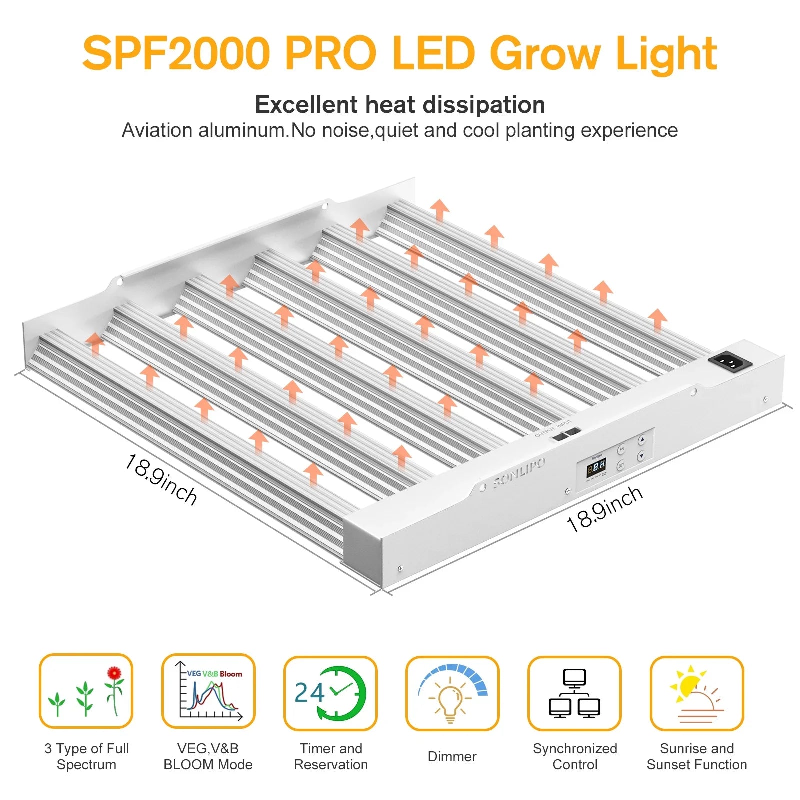 SPF2000 PRO LED Grow Light 200W with Full Spectrum Veg & Bloom Dimmer Timer - 3x3ft Coating Sunlike Grow Lamps for Indoor Plants - Seeding, Flowering, and Plant Growth LED Plant Light Fixture