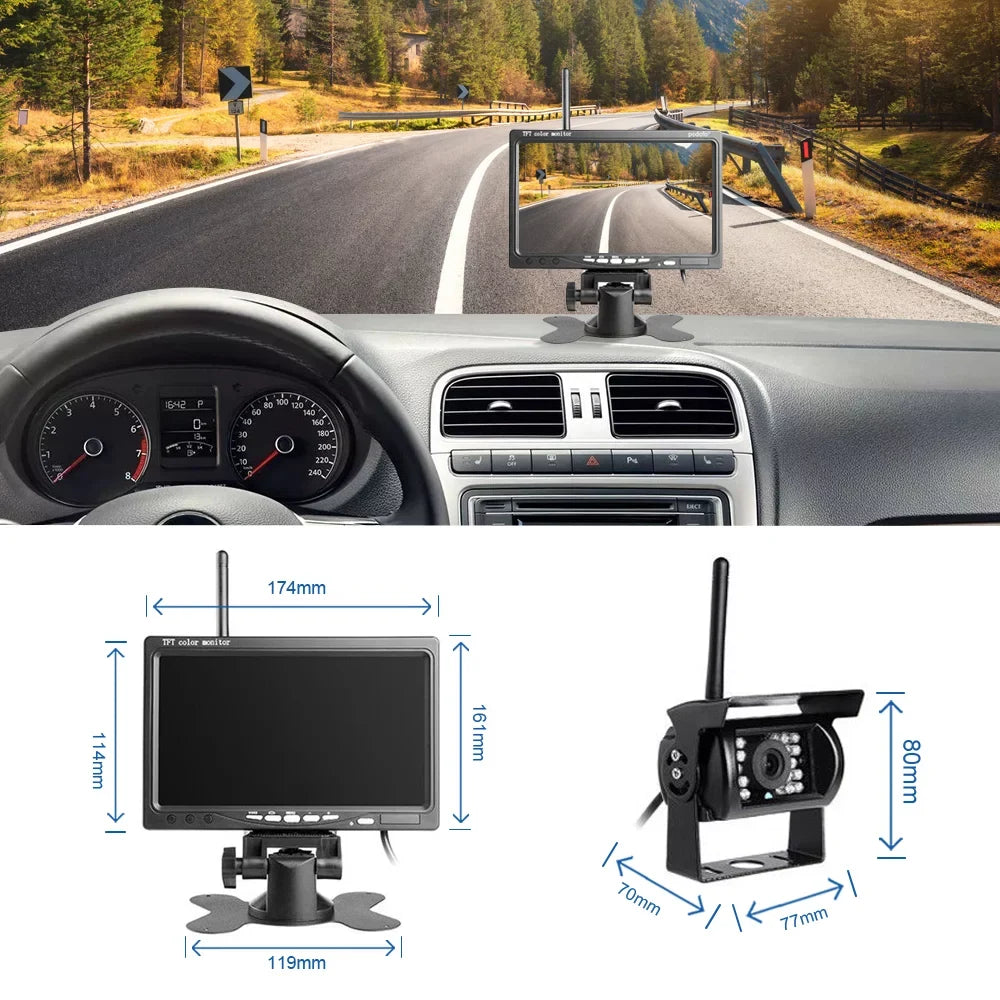 Podofo Wireless Vehicle Truck 2 Backup Parking Assistance System, Ir Night Vision Waterproof Rear View Camera + 7" Monitor for RV Truck Trailer Bus