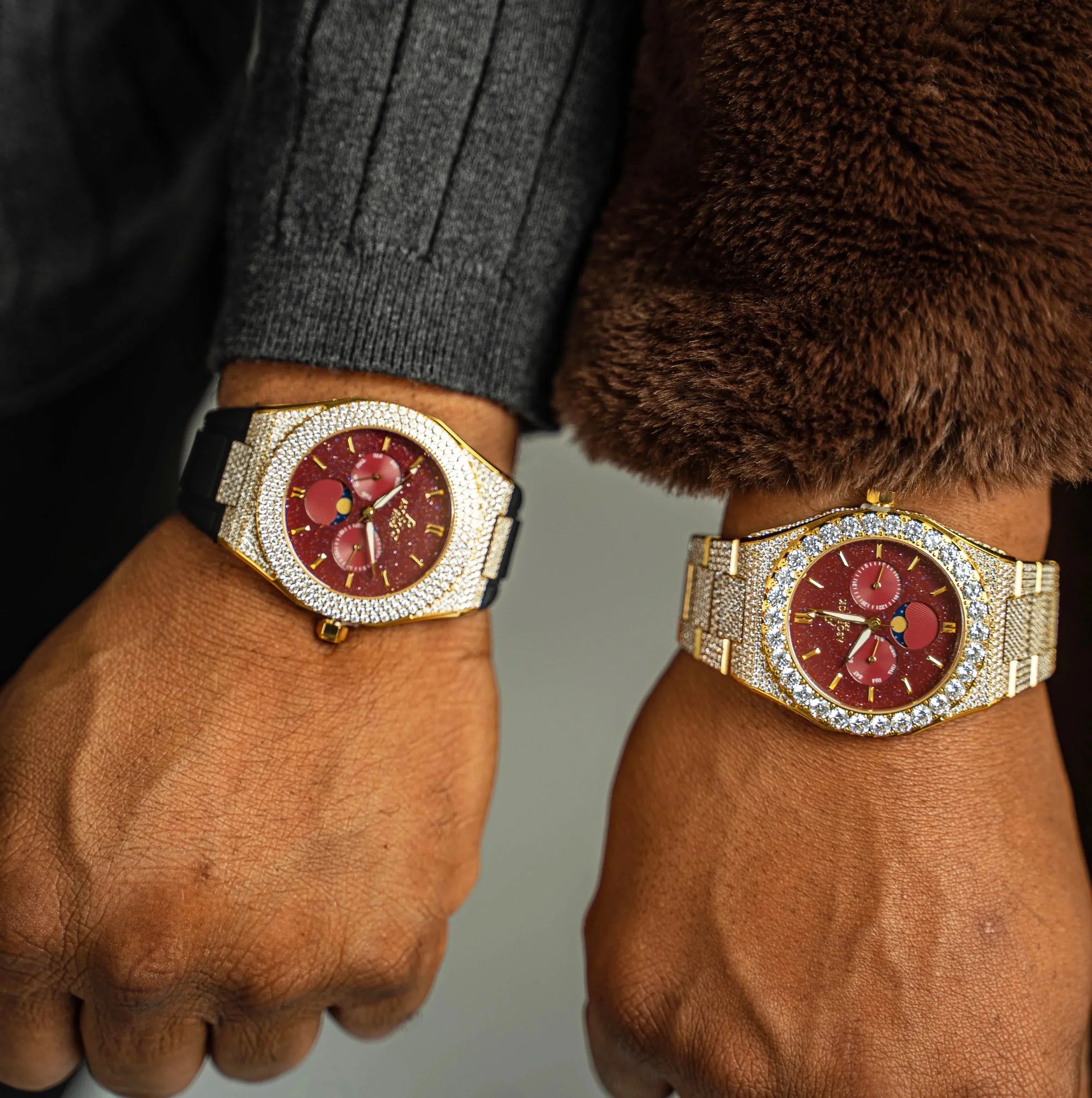 Asorock Watches | Yellow Gold/Red | Iced transporter - Small diamond bezel - Fully iced strap | 44mm CZ diamond watch