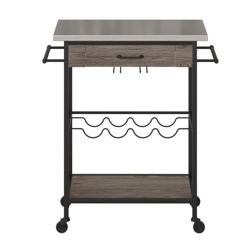 Novogratz Nora Multifunctional Kitchen Cart, Wine Rack and Pantry Storage, Stainless Steel and Black Metal, Brown