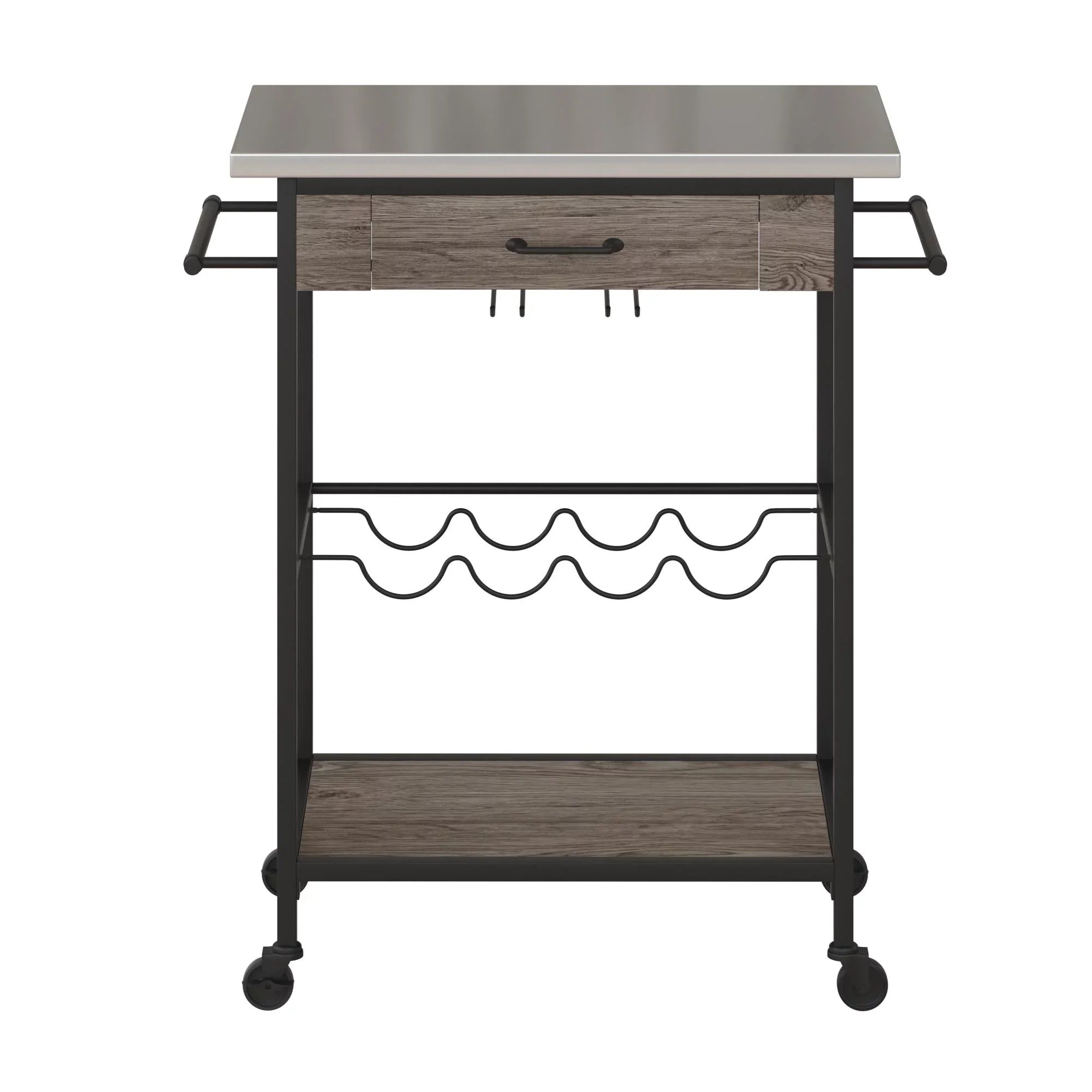 Novogratz Nora Multifunctional Kitchen Cart, Wine Rack and Pantry Storage, Stainless Steel and Black Metal, Brown