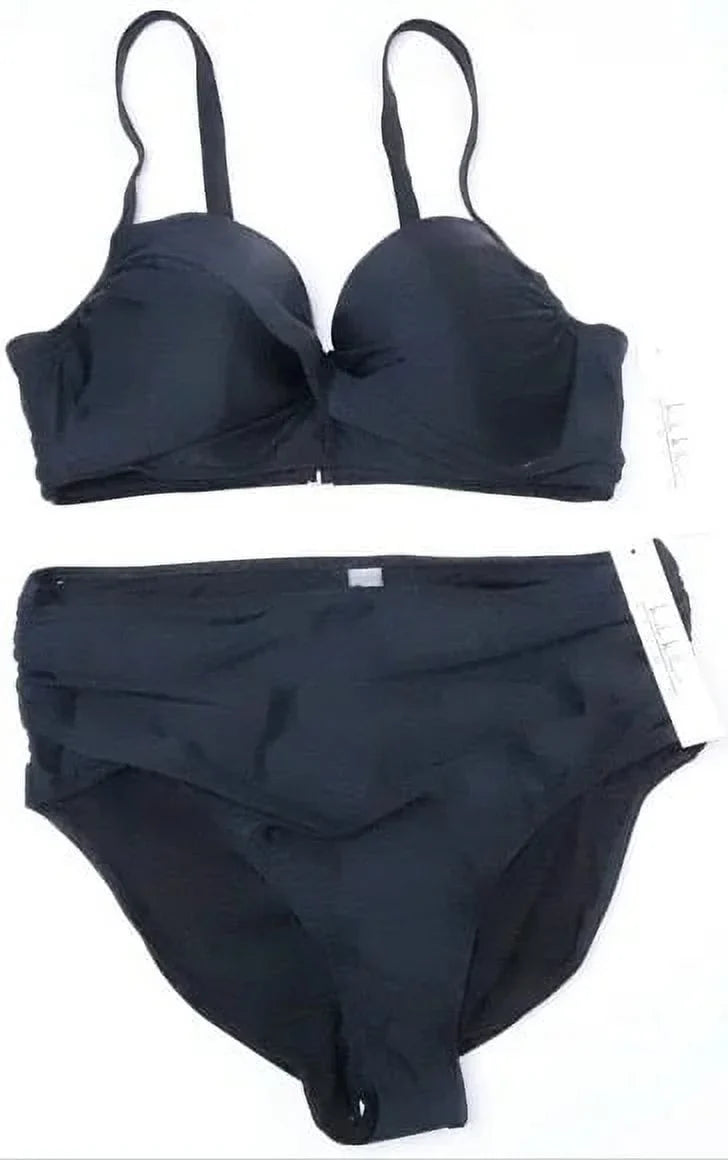 Nicole Miller BLACK Twist Front Bikini Top + Hi Waist Shirred Bottom 2Pc S