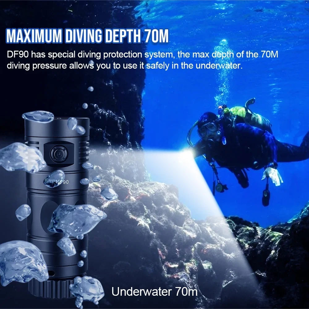 TrustFire DF90 Scuba Diving Light, 15000 Lumens Video Camera Photography Dive LED Flashlight, 70M Underwater Scuba Diving Flashlight, Super Bright, with Violet Red White Lights