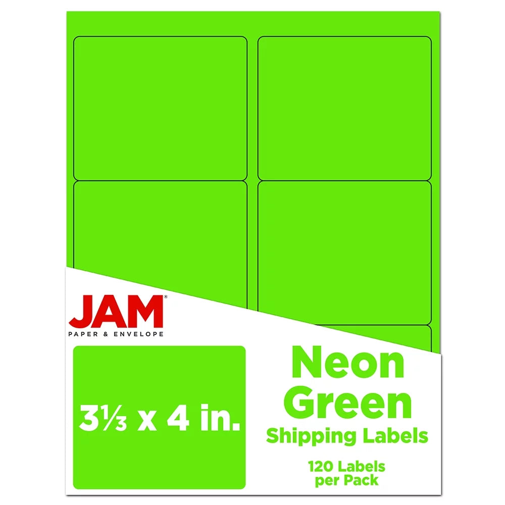 JAM Paper & Envelope Shipping Address Labels, Large, 3 1/3 x 4, Neon Fluorescent Green, 120 per Pack