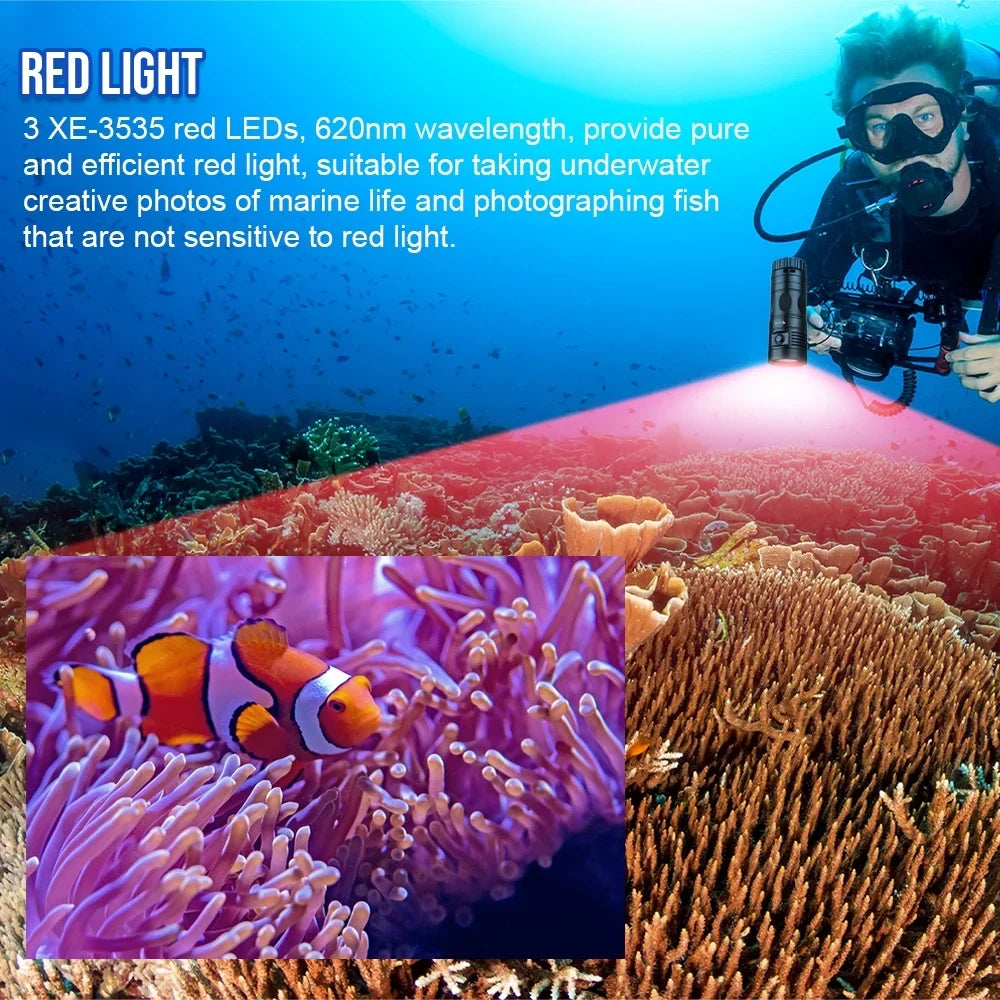 TrustFire DF90 Scuba Diving Light, 15000 Lumens Video Camera Photography Dive LED Flashlight, 70M Underwater Scuba Diving Flashlight, Super Bright, with Violet Red White Lights