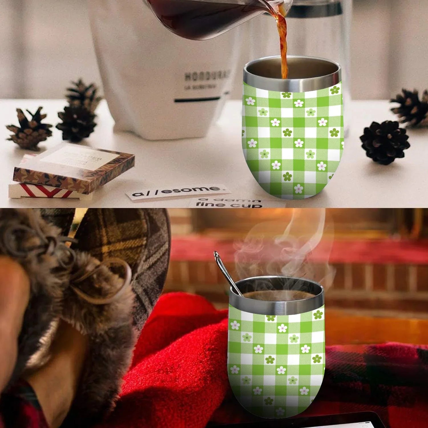 Hidove 12oz 304 Stainless Steel Vacuum Insulated Cups, Green and White Flowers Eggshell Cup U Shape Tumbler Cups with Lid, Double Layer Insulation Wine Cup Big Belly Cup
