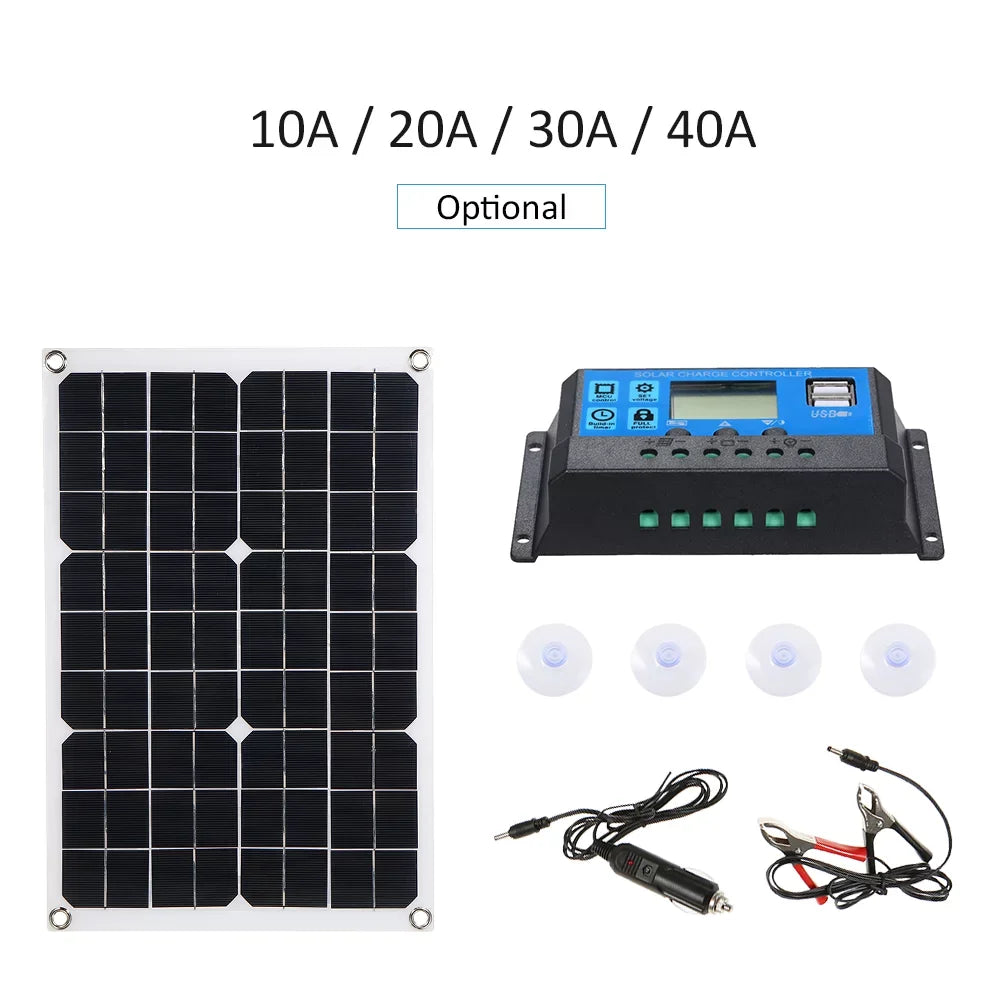 50W DC 5V/18V Dual Output Solar Panel with 2 USB Ports & Car Charge IP65 Water Resistance /24V Solar Charge Controller PWM ligent Regulator