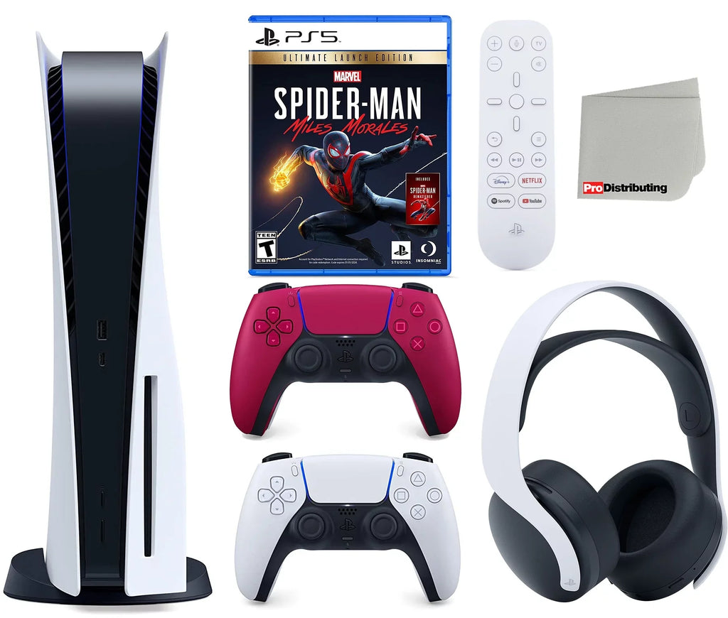 Sony Playstation 5 Disc Version (Sony PS5 Disc) with Cosmic Red Extra Controller, Headset, Media Remote, Marvel's Spider-Man: Miles Morales Ultimate Launch Edition and Microfiber Cleaning Cloth Bundle