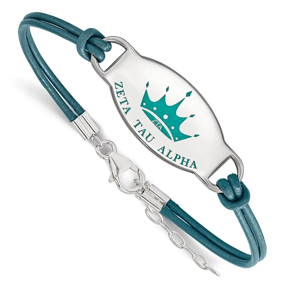 Sterling S. Rh-p LogoArt Zeta Tau Alpha Enameled Oval Leather Chain Bracelet; for Adults and Teens; for Women and Men