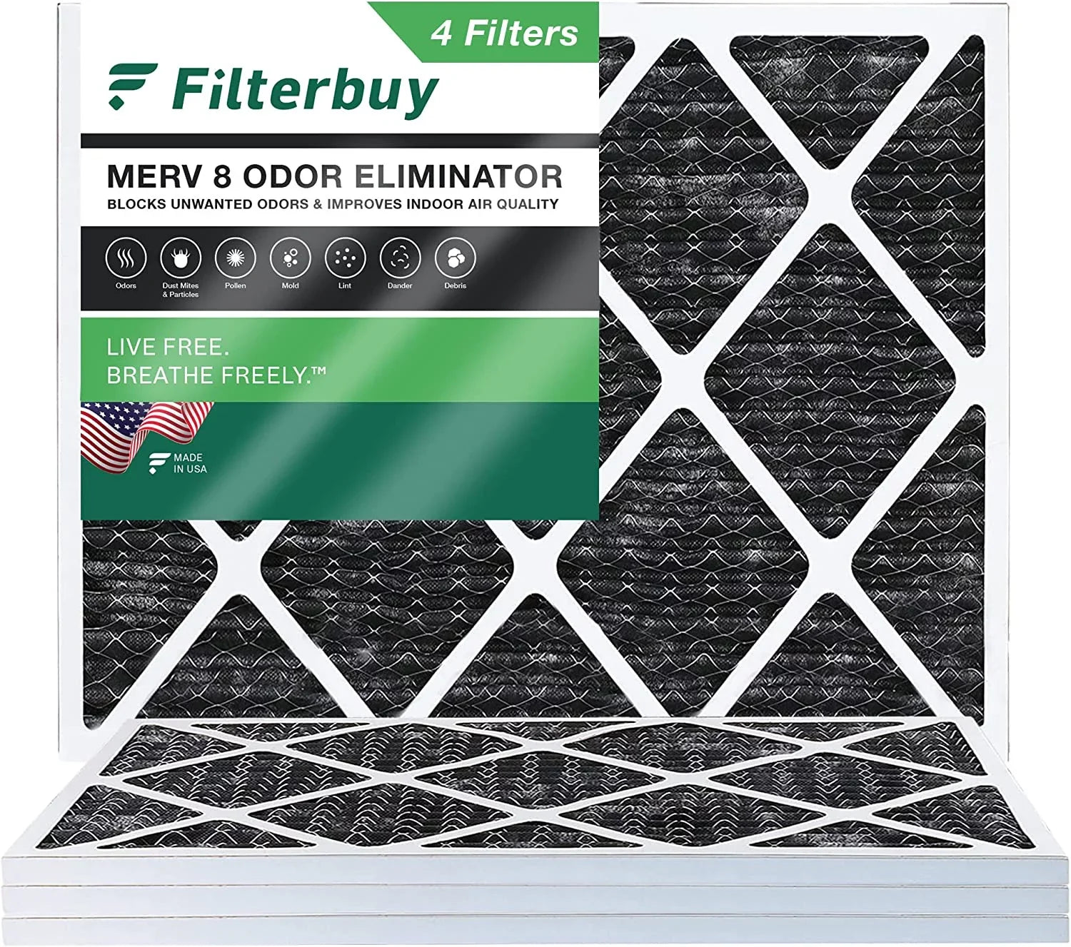 Filterbuy 18x20x1 MERV 8 Odor Eliminator Pleated HVAC AC Furnace Air Filters with Activated Carbon (4-Pack)