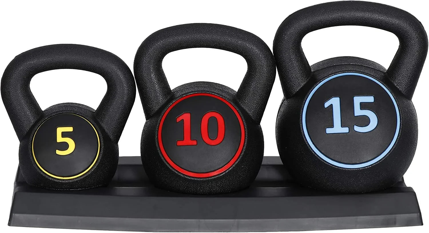 3- Kettlebell Set, Exercise Fitness Weight Set with Base Rack for Home Gym, Home Workouts, Strength Training, Include 5 lbs, 10 lbs, 15 lbs